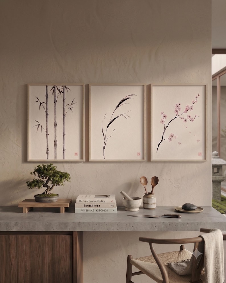 Japanese Sumi-e botanical print set featuring Bamboo, Cherry Blossom, and Bent Reed arranged as a minimalist Zen triptych.