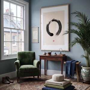 Framed Sumi Enso print displayed above a modern console table in a Japandi-inspired living room with neutral decor.
