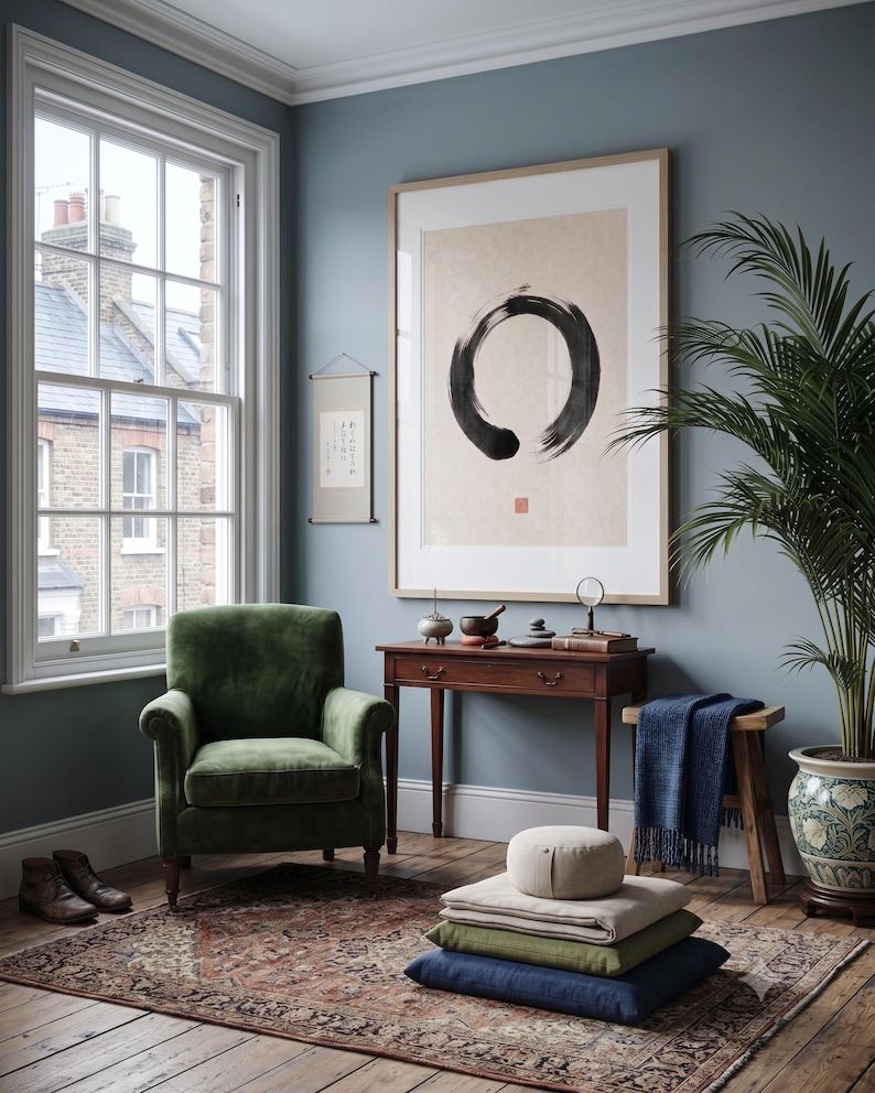 Framed Sumi Enso print displayed above a modern console table in a Japandi-inspired living room with neutral decor.