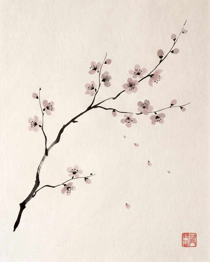 Japanese Sumi-e botanical print set featuring Bamboo, Cherry Blossom, and Bent Reed arranged as a minimalist Zen triptych.