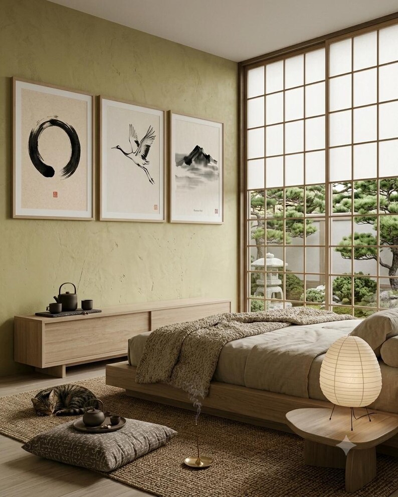 Japanese Sumi-e print set featuring Enso, Crane, and Mountain ink paintings arranged as a minimalist Zen triptych.