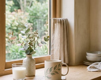 Taza Japandi Eucalyptus Fresco — Cerámica minimalista neutra de 325 ml / Calm & Oak