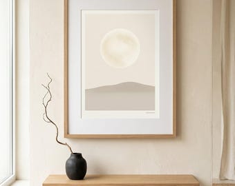 Minimalistische print met volle maan, Japandi maanlandschap muurkunst | DIGITALE DOWNLOAD