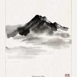 Minimalist Sumi-e mountain print featuring layered Japanese ink peaks fading into mist on a warm white background