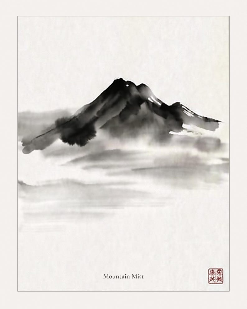 Minimalist Sumi-e mountain print featuring layered Japanese ink peaks fading into mist on a warm white background