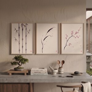 Three Bamboo three ink bamboo stalks print styled in a calm Japandi room — warm off-white. Calm & Oak.