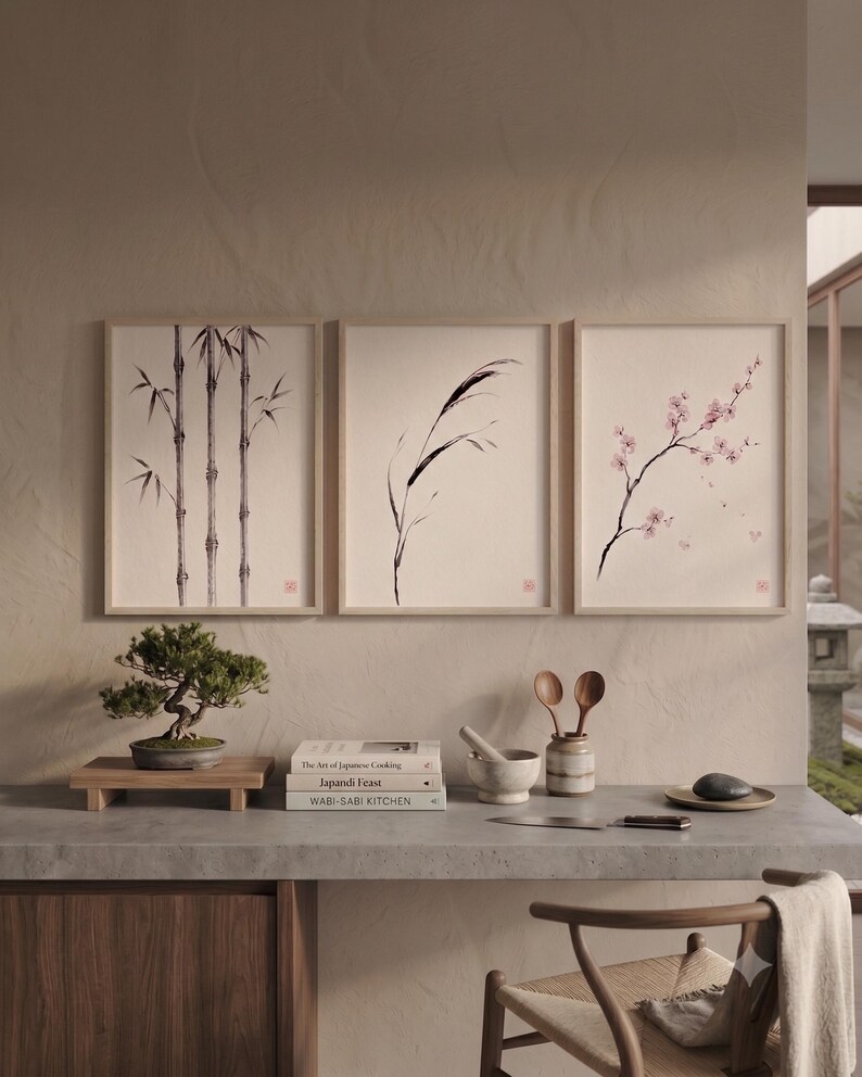 Three Bamboo three ink bamboo stalks print styled in a calm Japandi room — warm off-white. Calm & Oak.