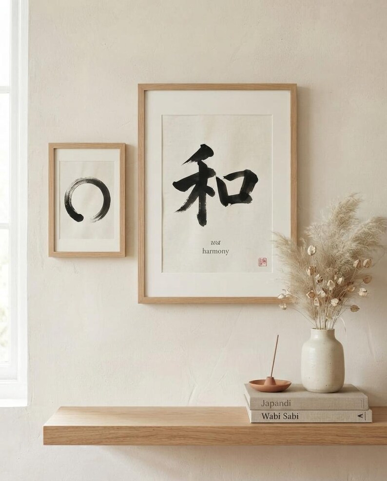 Wa harmony kanji calligraphy print styled in a calm Japandi room — warm off-white. Calm & Oak.