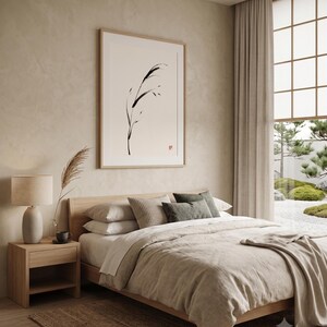 Minimalist Sumi-e Bent Reed print featuring Japanese ink brushwork of a graceful reed bending softly on warm white paper.