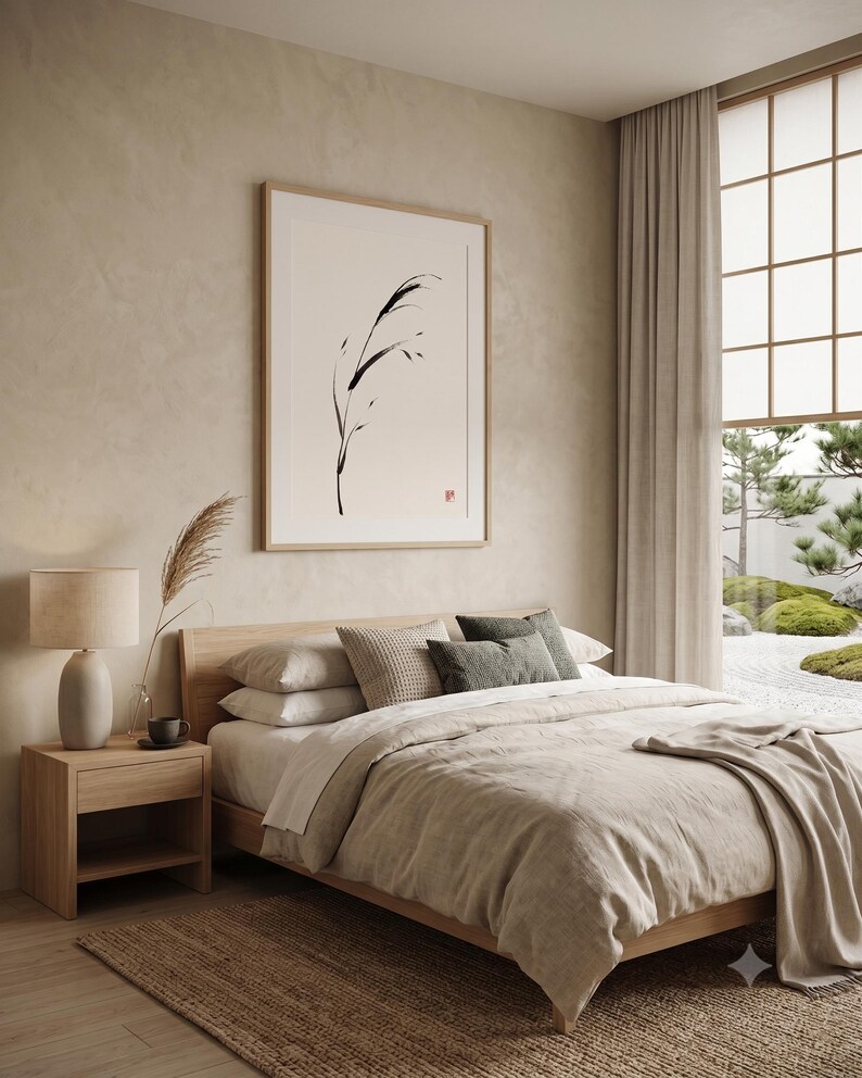 Minimalist Sumi-e Bent Reed print featuring Japanese ink brushwork of a graceful reed bending softly on warm white paper.