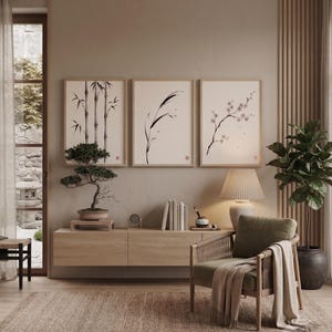 Japanese Sumi-e botanical print set featuring Bamboo, Cherry Blossom, and Bent Reed arranged as a minimalist Zen triptych.