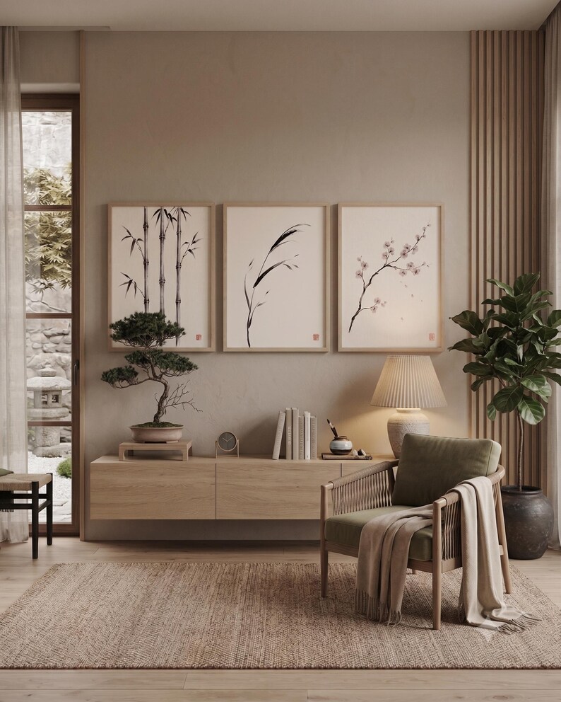 Japanese Sumi-e botanical print set featuring Bamboo, Cherry Blossom, and Bent Reed arranged as a minimalist Zen triptych.