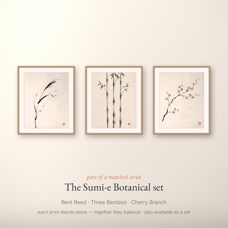 Minimalist Sumi-e Bent Reed print featuring Japanese ink brushwork of a graceful reed bending softly on warm white paper.
