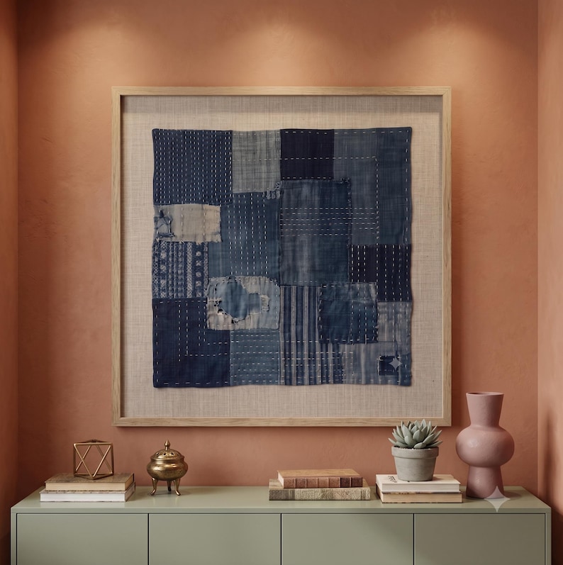 Japanese Boro Indigo wall art featuring layered textile-inspired patterns in deep blue tones with a wabi-sabi aesthetic.