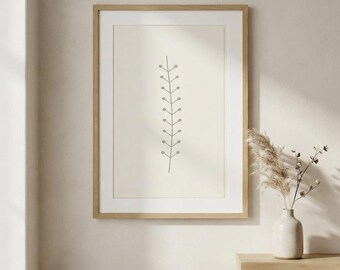 Single Stem — Botanical Line Japandi Framed Print, Minimalist Neutral | Calm & Oak