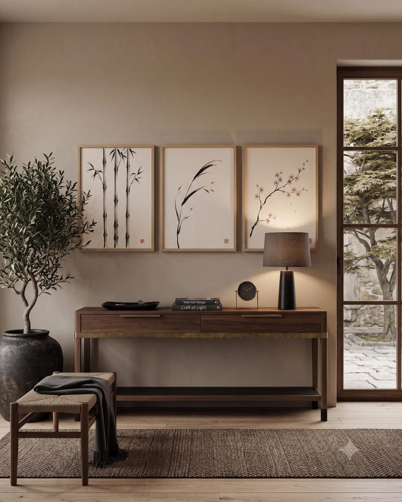 Japanese Sumi-e botanical print set featuring Bamboo, Cherry Blossom, and Bent Reed arranged as a minimalist Zen triptych.
