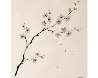 Sumi-e Cherry Blossom Print, Japandi Wall Art, Sakura Branch Ink, Japanese Botanical | Cherry Branch by Calm & Oak