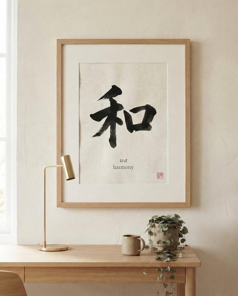 A framed wall art print featuring the black Japanese kanji character for harmony, which is 'wa', printed on off-white paper. Below the large character, the text 'wa' and 'harmony' appear in a small font, with a red stamp in the corner.