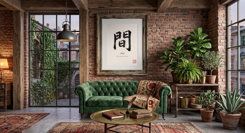 Framed "Ma" calligraphy artwork in a bright neutral living room featuring clean, modern minimalist decor.