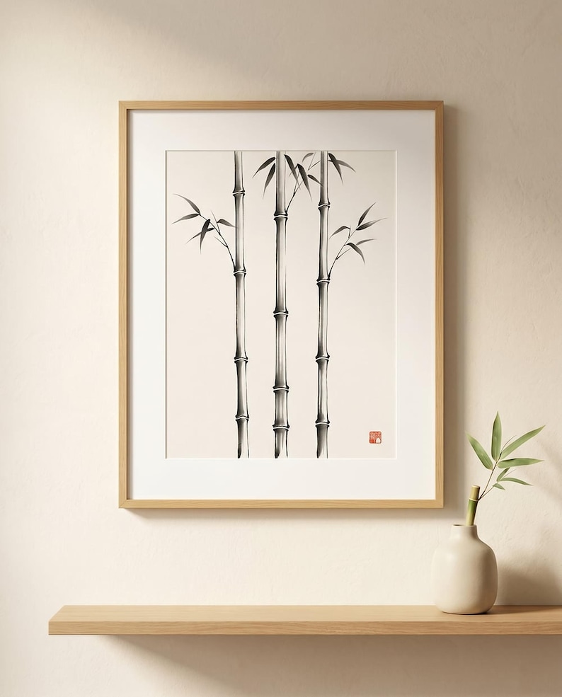 Three Bamboo three ink bamboo stalks print styled in a calm Japandi room — warm off-white. Calm & Oak.