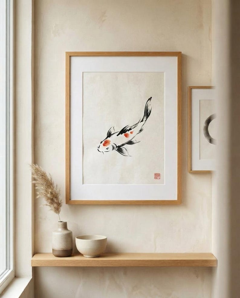 Koi ink koi fish with vermillion accent print styled in a calm Japandi room — warm off-white. Calm & Oak.