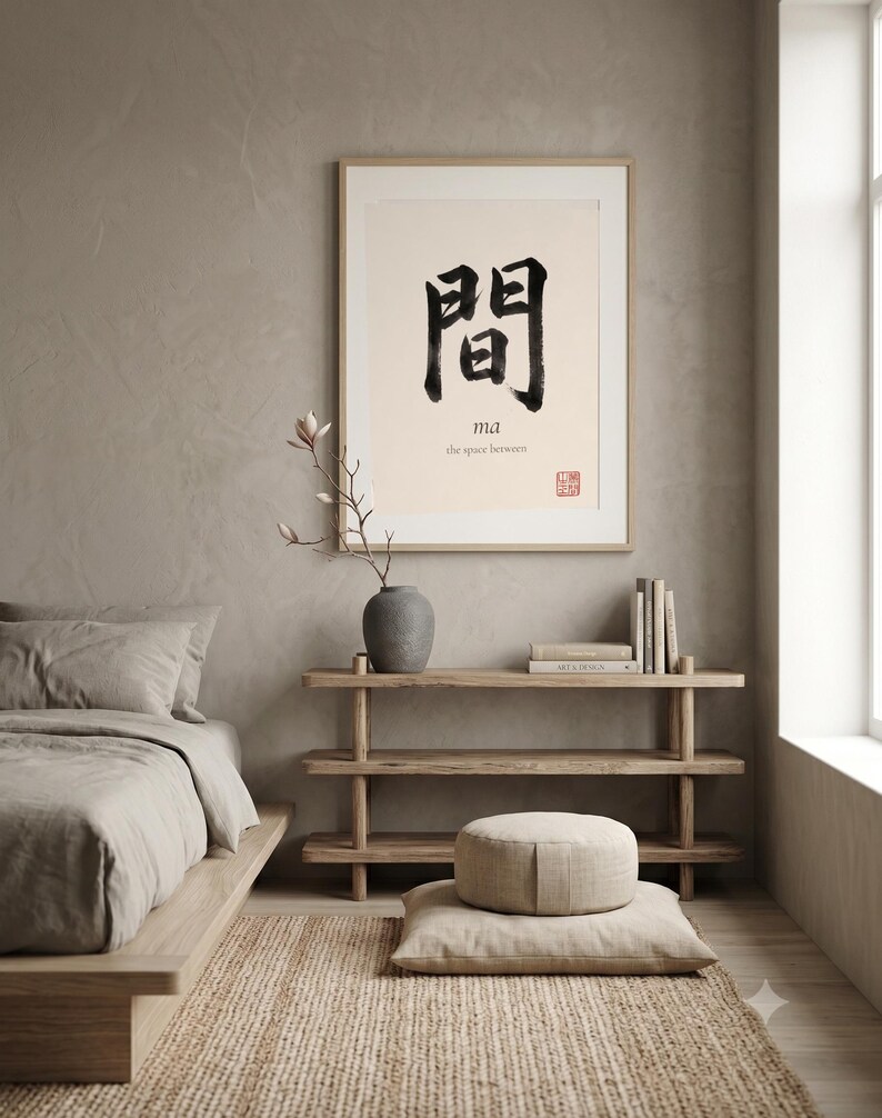 Framed "Ma" calligraphy artwork in a bright neutral living room featuring clean, modern minimalist decor.