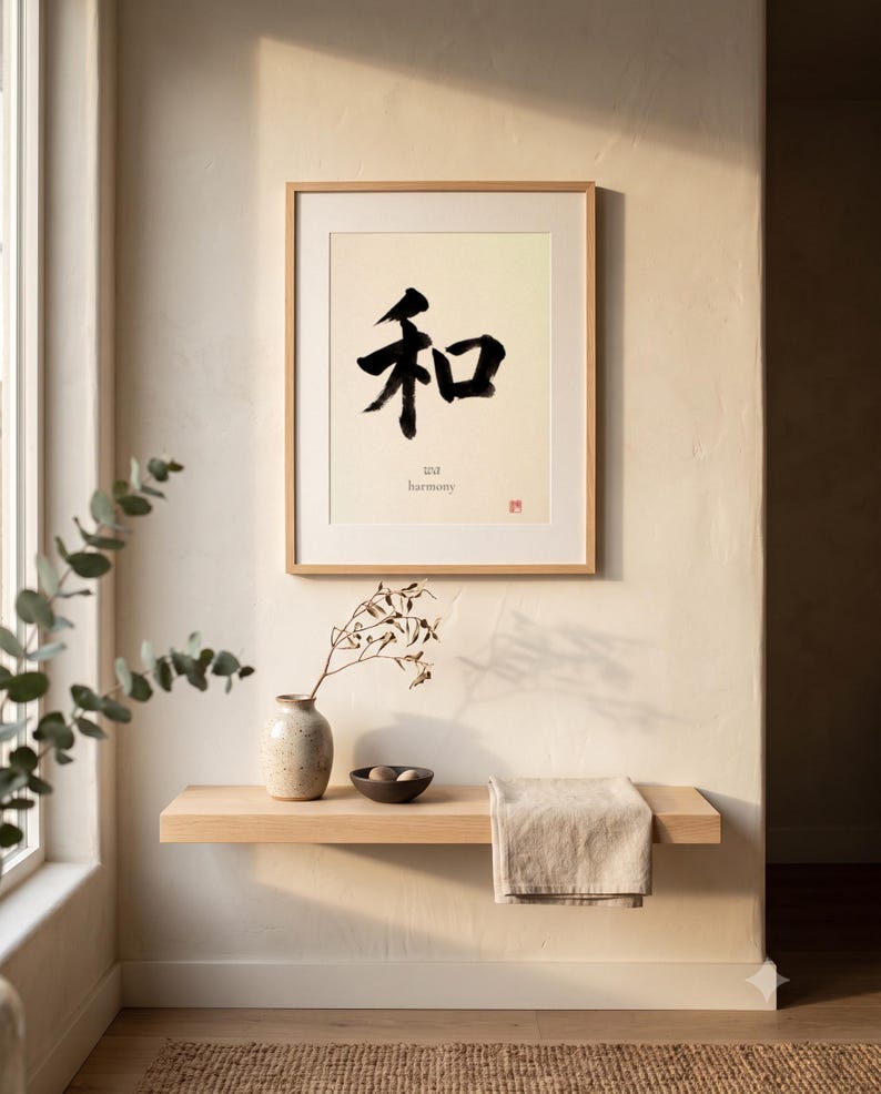 Puede incluir: Una l&aacute;mina de arte enmarcada que presenta el car&aacute;cter kanji japon&eacute;s negro para la armon&iacute;a, con la palabra inglesa harmony impresa debajo en una fuente peque&ntilde;a. La obra est&aacute; en un marco de madera clara y expuesta en una pared.