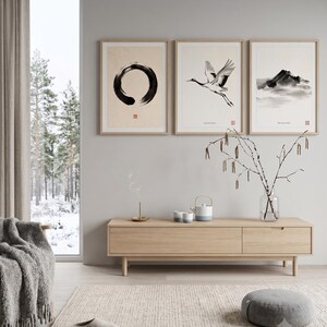 Japanese Sumi-e print set featuring Enso, Crane, and Mountain ink paintings arranged as a minimalist Zen triptych.
