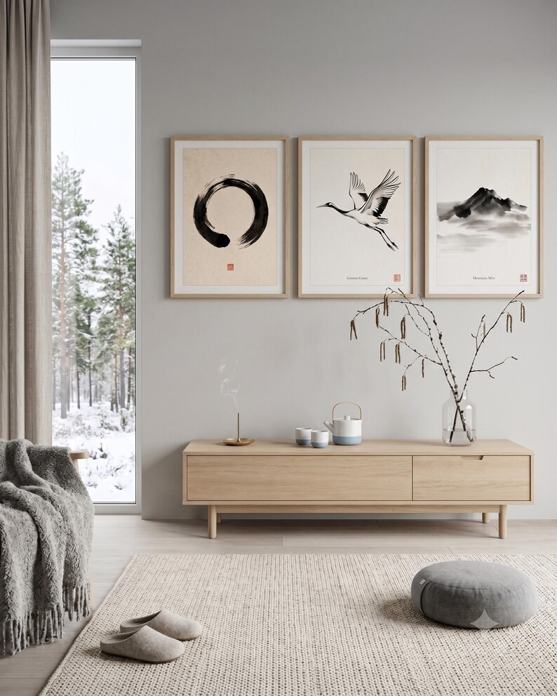 Japanese Sumi-e print set featuring Enso, Crane, and Mountain ink paintings arranged as a minimalist Zen triptych.