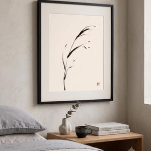 Minimalist Sumi-e Bent Reed print featuring Japanese ink brushwork of a graceful reed bending softly on warm white paper.