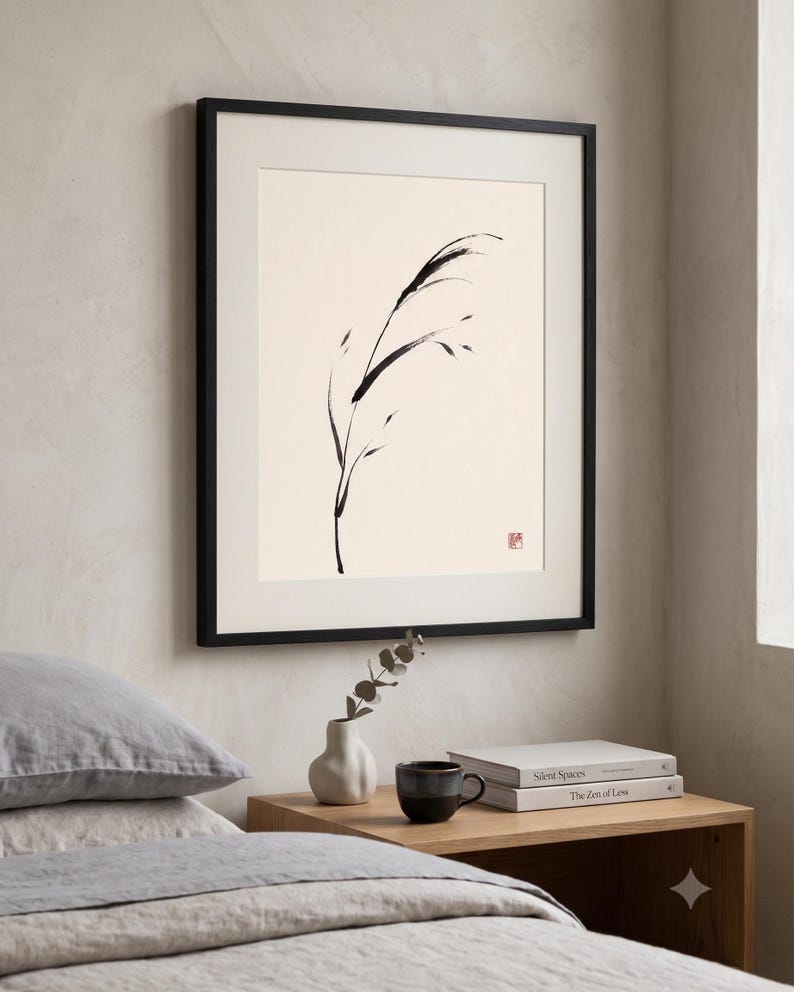 Minimalist Sumi-e Bent Reed print featuring Japanese ink brushwork of a graceful reed bending softly on warm white paper.