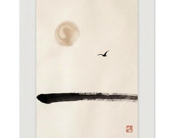 Minimalist Horizon Print, Japandi Bird Landscape, Above-Bed Wall Art, Soft Sun Decor | Horizon Bird by Calm & Oak