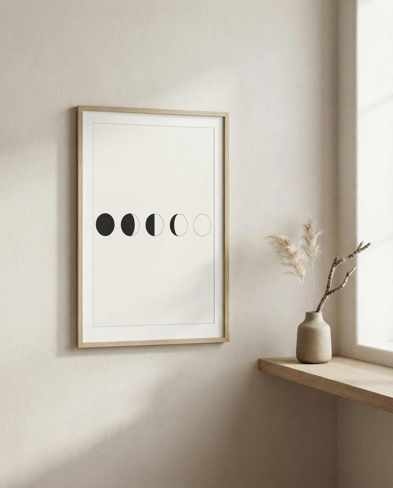 Moon Phases Print, Japandi Lunar Wall Art, Minimalist Celestial Decor, Above Bed Neutral | Calm & Oak image 1
