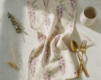 Wisteria Waffle Weave Tea Towel – Hand-Painted Bloom Print, Cotton Kitchen Linen