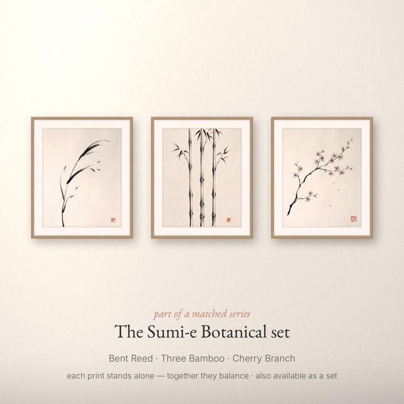 Cherry Branch sakura branch in ink print styled in a calm Japandi room — soft pink and cream. Calm & Oak.
