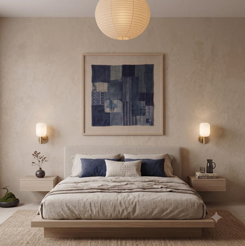 Japanese Boro Indigo wall art featuring layered textile-inspired patterns in deep blue tones with a wabi-sabi aesthetic.