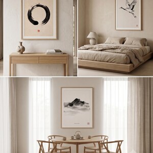 Japanese Sumi-e print set featuring Enso, Crane, and Mountain ink paintings arranged as a minimalist Zen triptych.