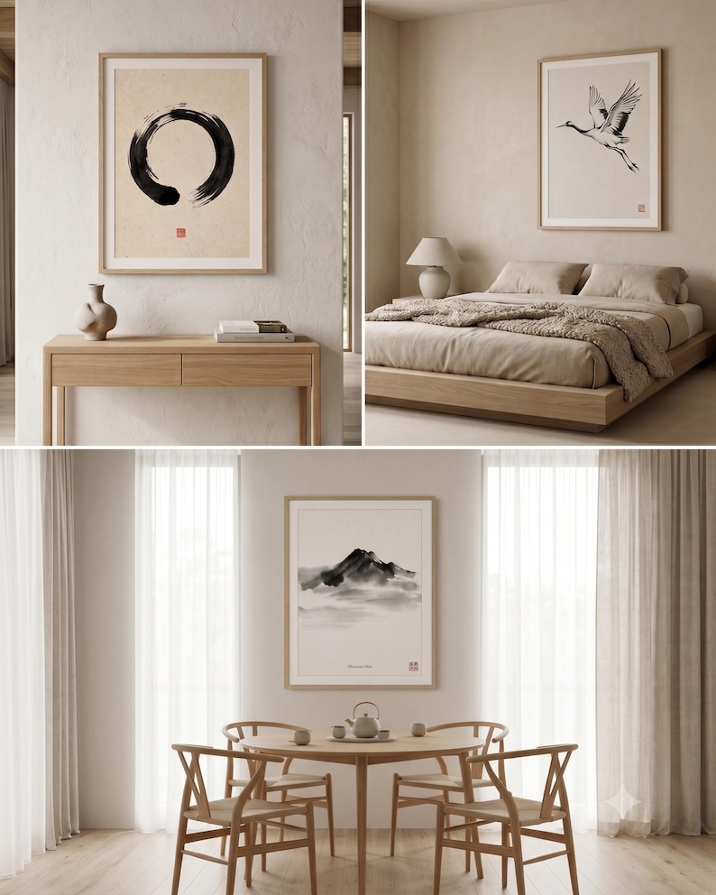 Japanese Sumi-e print set featuring Enso, Crane, and Mountain ink paintings arranged as a minimalist Zen triptych.