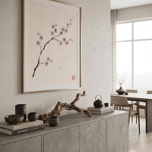 Cherry Branch sakura branch in ink print styled in a calm Japandi room — soft pink and cream. Calm & Oak.