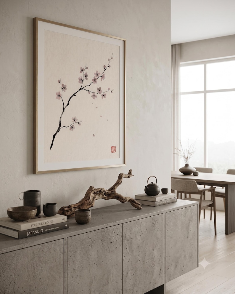 Cherry Branch sakura branch in ink print styled in a calm Japandi room — soft pink and cream. Calm & Oak.