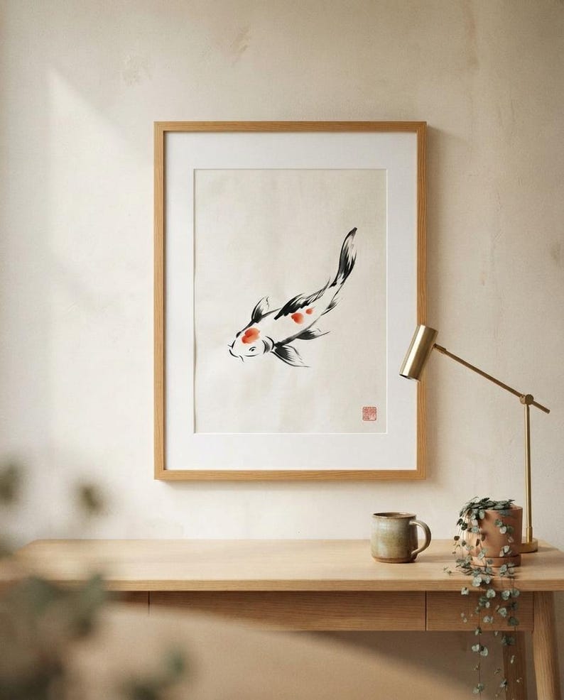 Koi ink koi fish with vermillion accent print styled in a calm Japandi room — warm off-white. Calm & Oak.