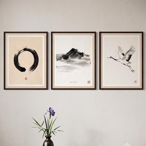 Japanese Sumi-e print set featuring Enso, Crane, and Mountain ink paintings arranged as a minimalist Zen triptych.