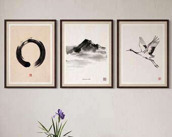 Conjunto de grabados japoneses Sumi-e, arte mural Zen Japandi, montaña de la grulla de Enso, tríptico minimalista en tinta (DESCARGA DIGITAL)
