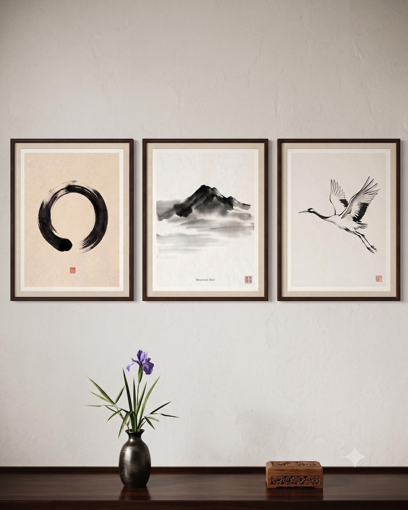 Japanese Sumi-e print set featuring Enso, Crane, and Mountain ink paintings arranged as a minimalist Zen triptych.