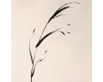 Sumi-e Reed Print, Japandi Wall Art, Single Brushstroke Botanical, Minimalist Japanese Ink | Bent Reed by Calm & Oak