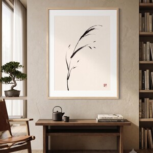 Minimalist Sumi-e Bent Reed print featuring Japanese ink brushwork of a graceful reed bending softly on warm white paper.