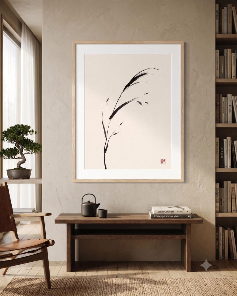 Minimalist Sumi-e Bent Reed print featuring Japanese ink brushwork of a graceful reed bending softly on warm white paper.
