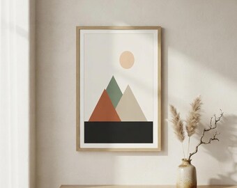 Mountain — Layered Peaks Japandi Framed Print, Minimalist Neutral | Calm & Oak