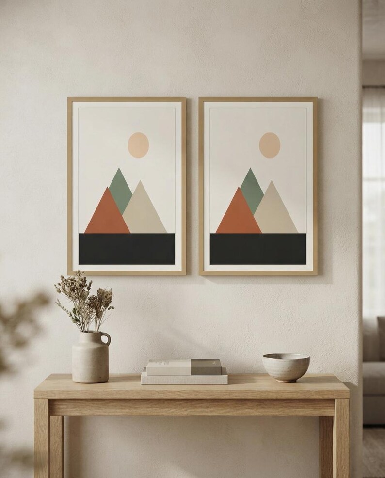 Japandi Mountain Print, Minimalist Layered Peaks Wall Art, Neutral Landscape Decor, Above Bed | Calm & Oak image 6