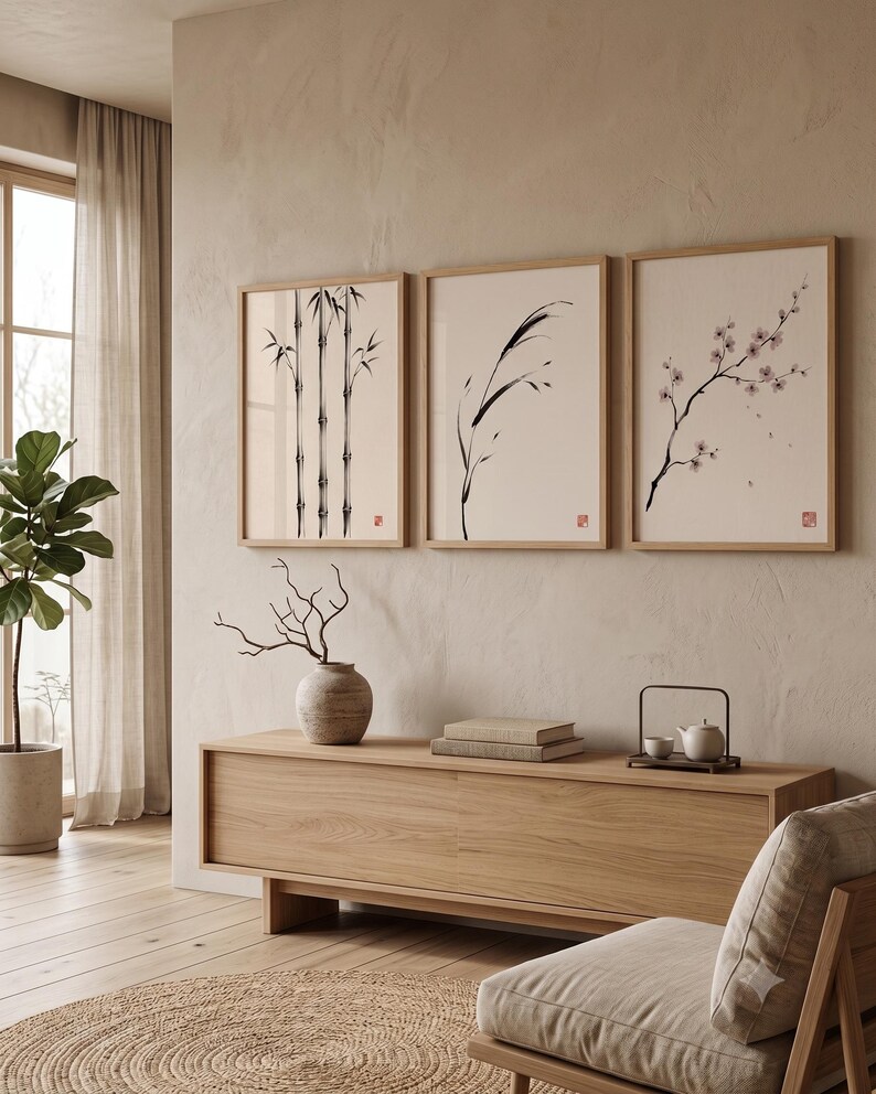 Three Bamboo three ink bamboo stalks print styled in a calm Japandi room — warm off-white. Calm & Oak.
